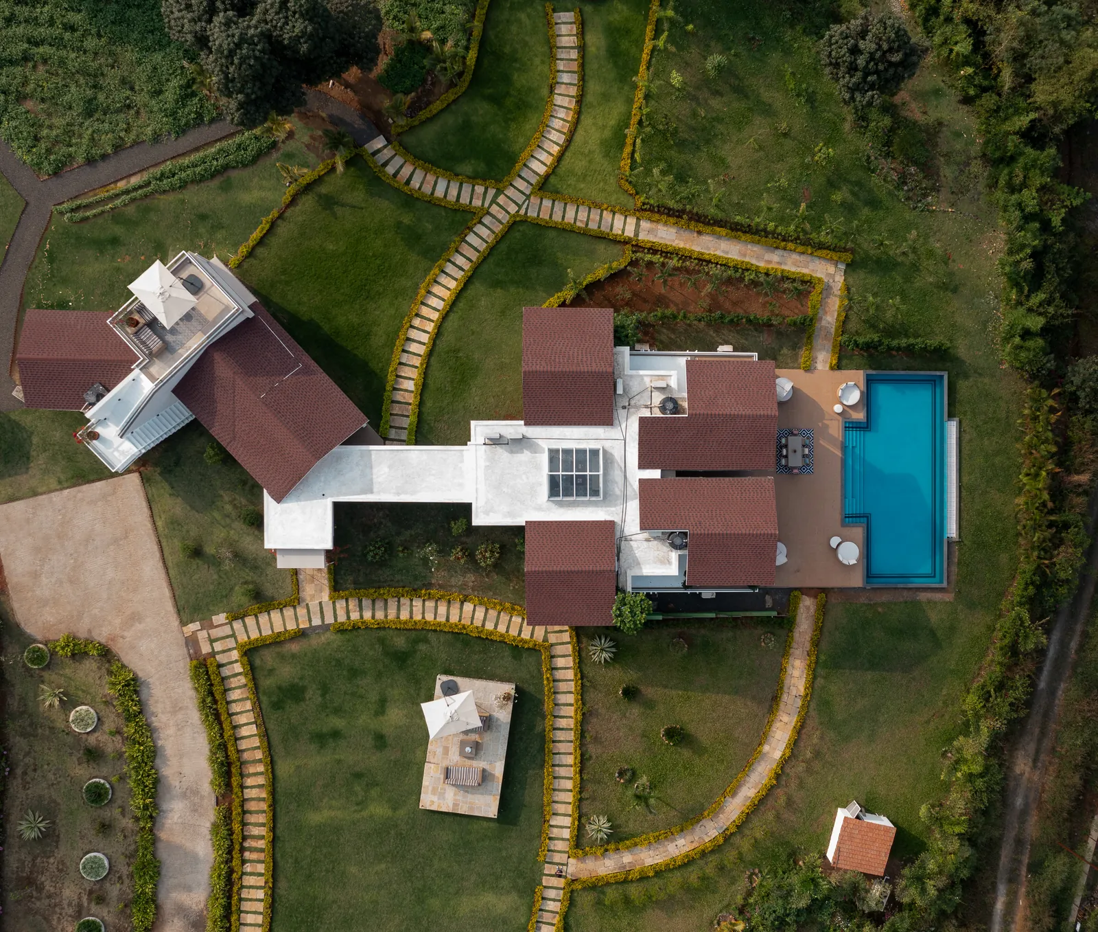 Overhead view of the villa, pool and garden paths