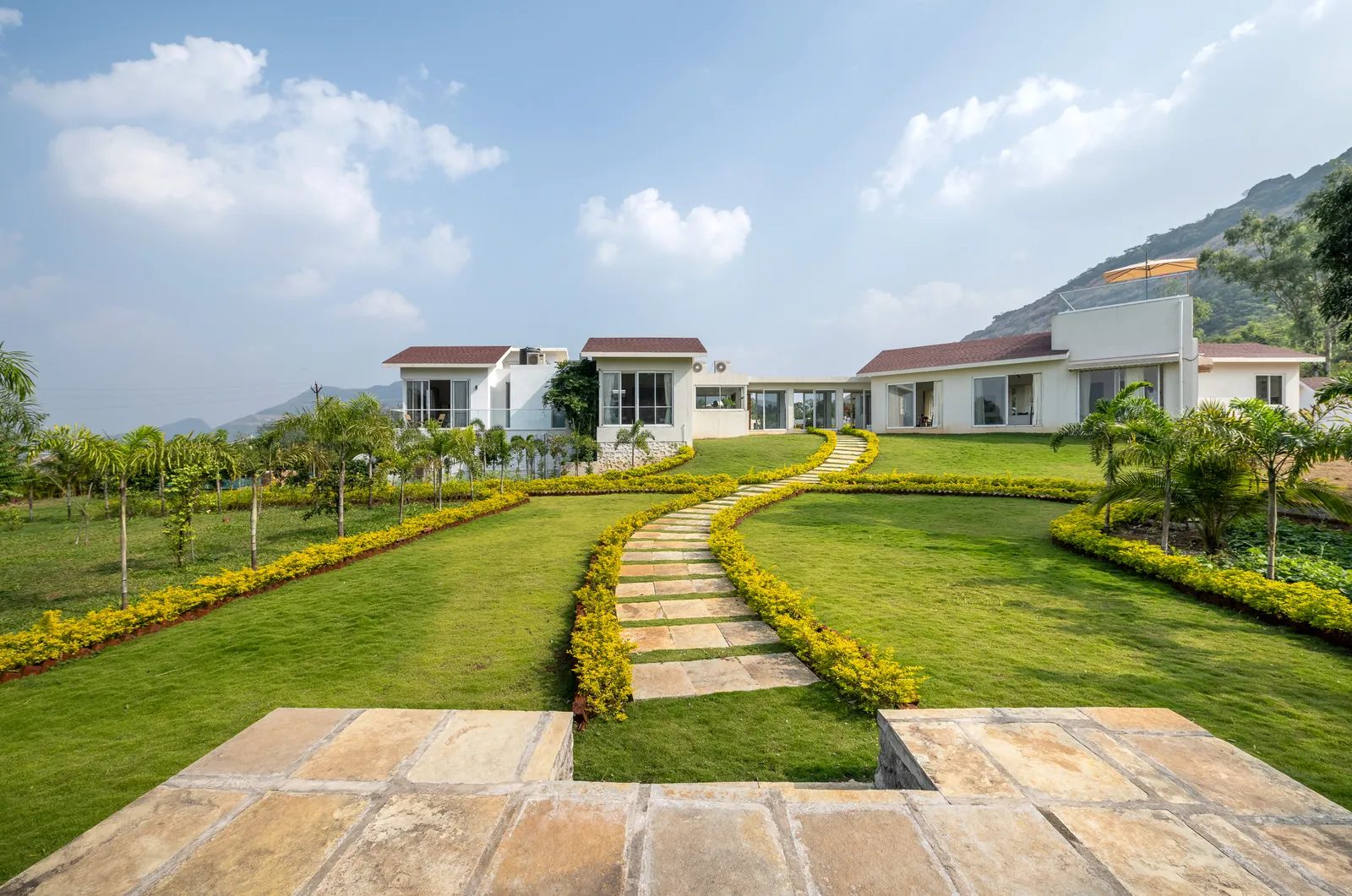 Stone path across the lawn to the house