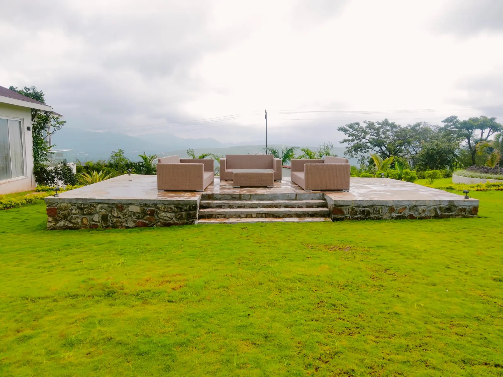 Stone deck on the lawn during the monsoon