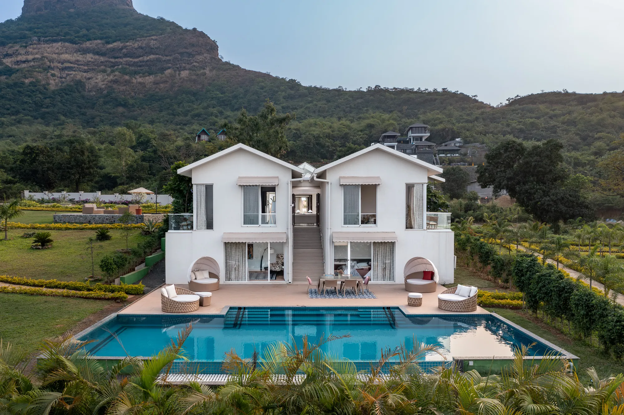 Valley View villa and its pool, with Tikona fort rising behind, Tikona Village, Pawna